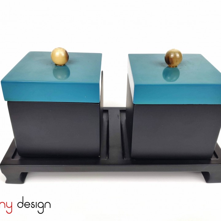 Set of 2 black boxes with blue lid included stand